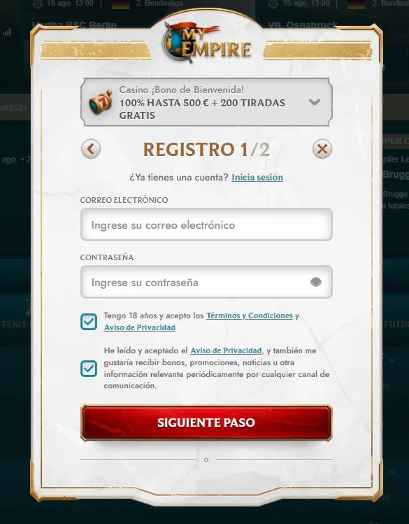 MyEmpire Casino registro e inicio de sesión
